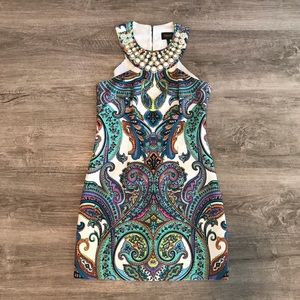 Embellished Neck Paisley Shift Dress